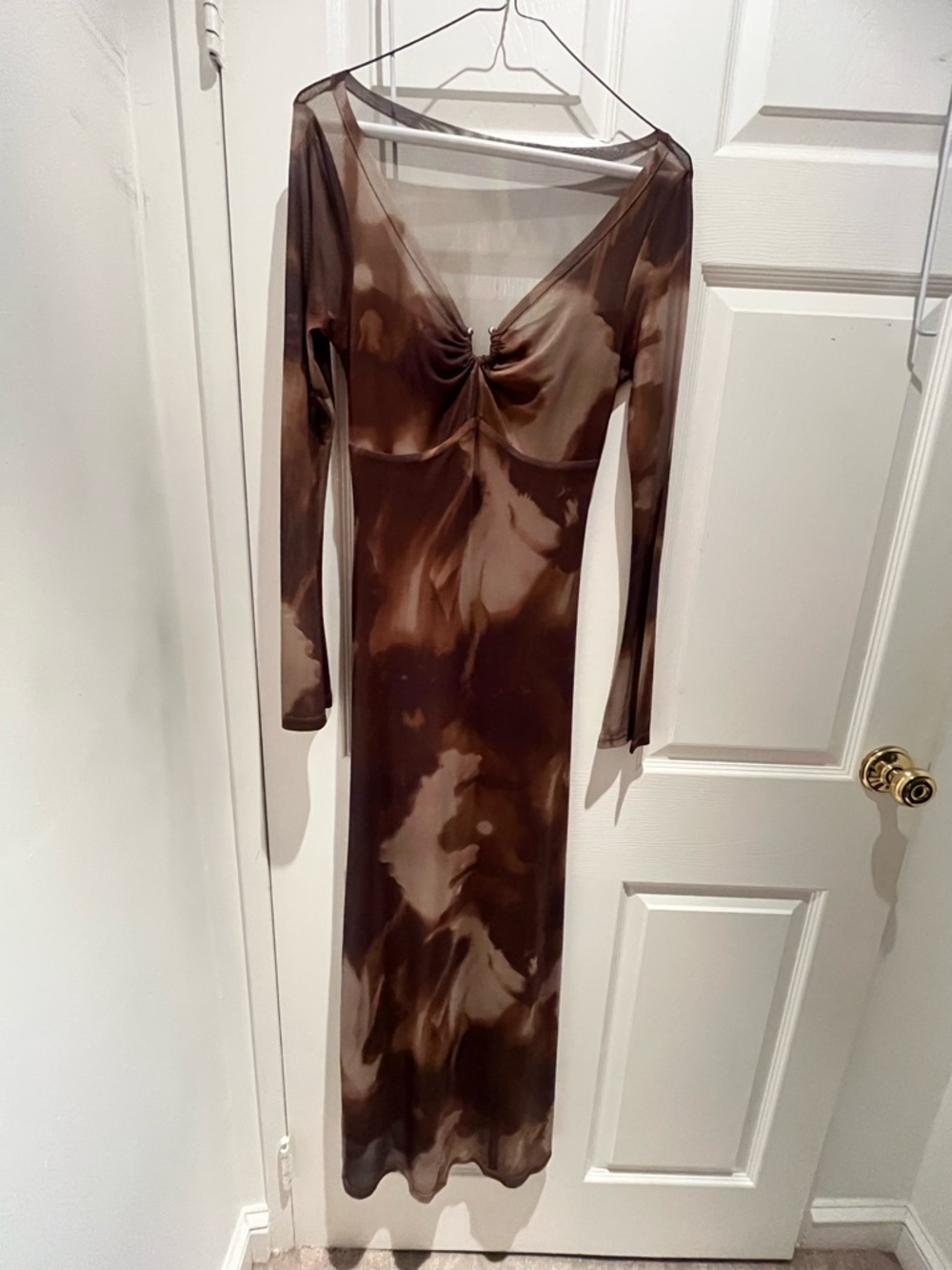 Brown Long Sleeve Sheer Midi Dress with Twist Front